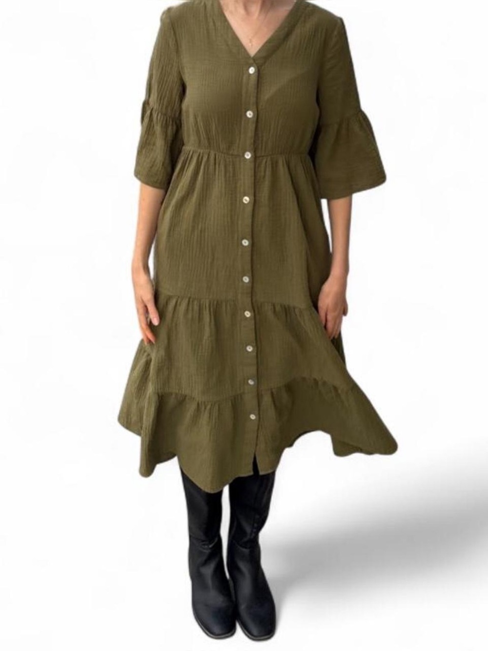 Olive green tiered midi dress with button-up front and short bell sleeve COTTON